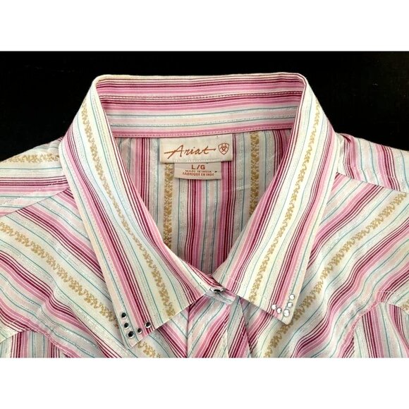 ARIAT Womens Western Shirt Size Large Pink Metallic Striped Rhinestone Snaps - Picture 3 of 9